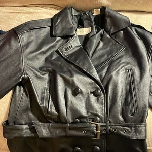 A very nice light black leather dress, coat size medium pit to pit 20 inches